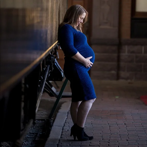 blue bodycon maternity dress Allison Blue Fitted Maternity Dress with V-Neck – For The Creators main image 1
